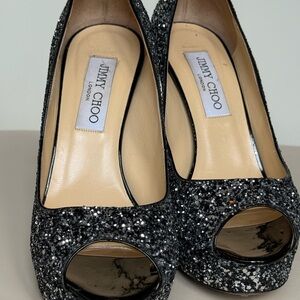 Jimmy Choo Sparkling Dark Grey Granular Peep-Toe stiletto 37.5